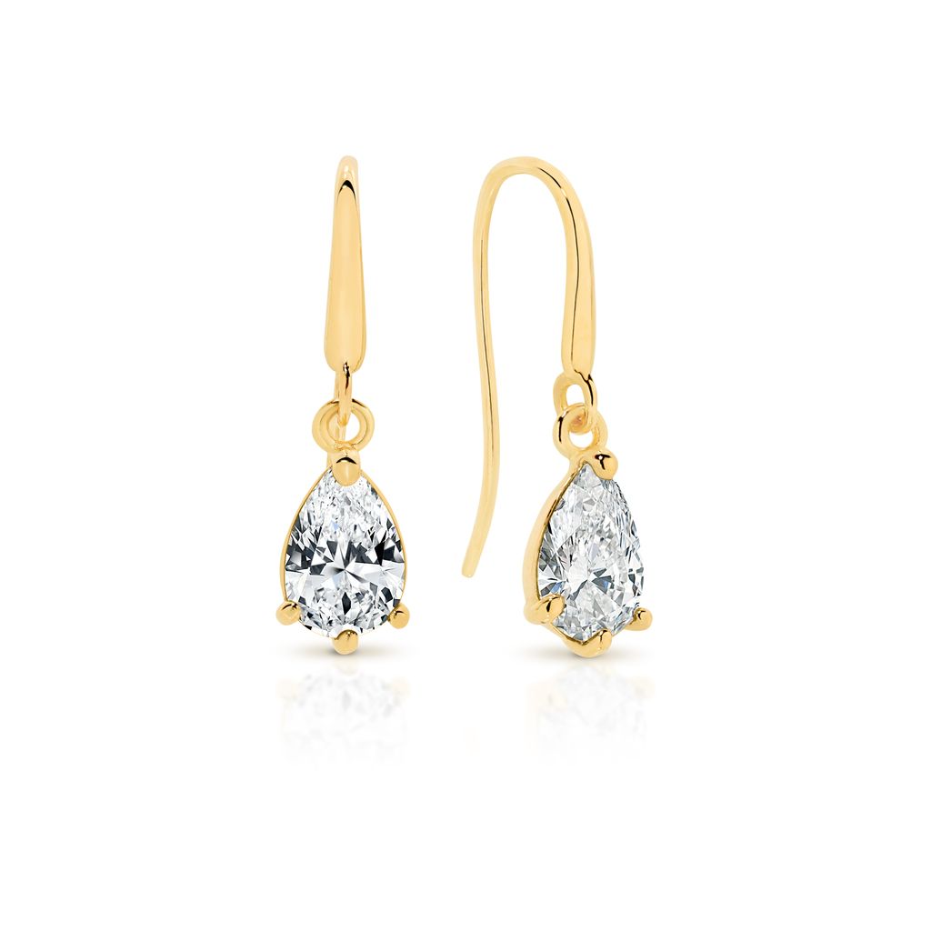 9ct yellow gold pear shaped cubic zirconia shepard hook earrings