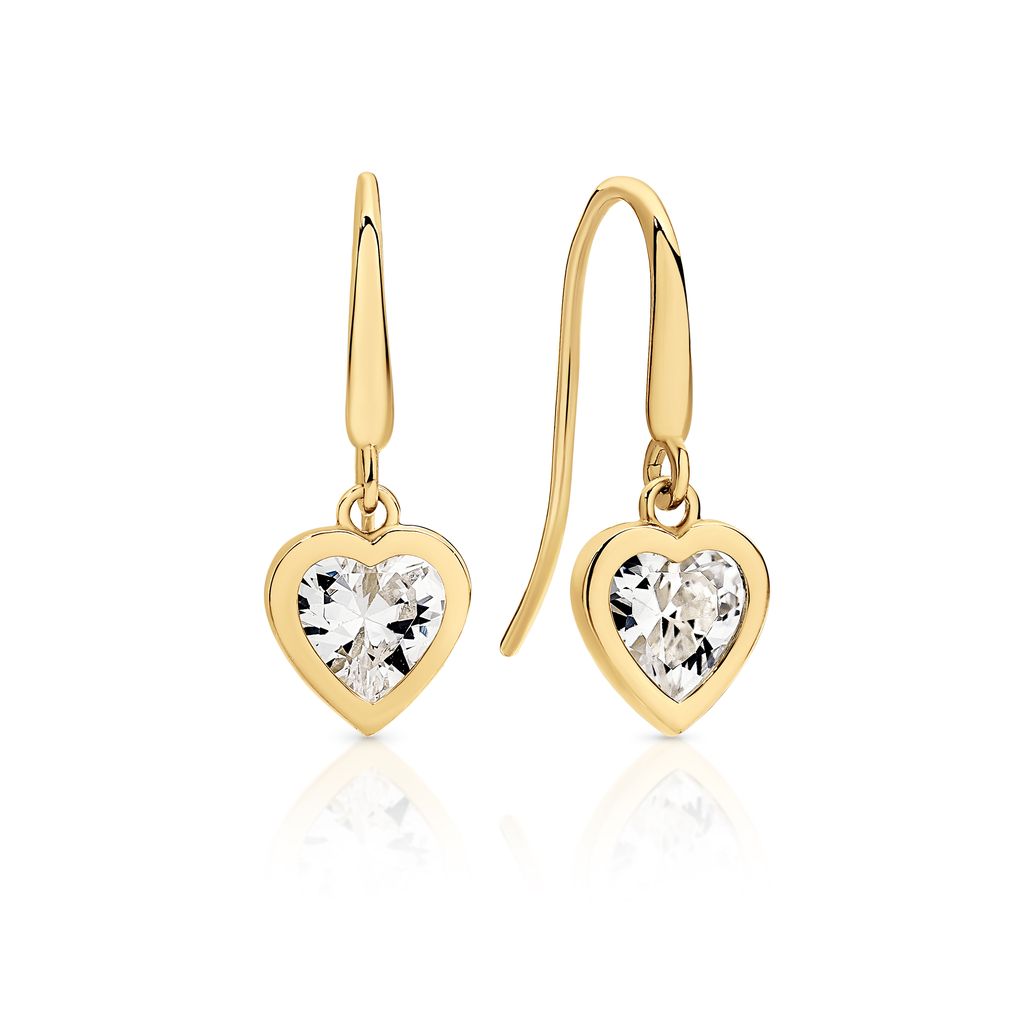 9ct gold bezel heart CZ earrings