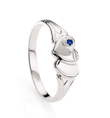 Silver double heart signet ring with blue stone