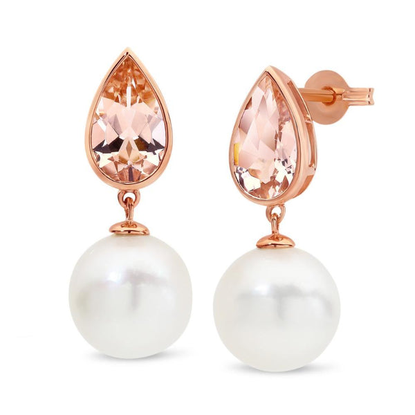 South Sea Pearl & Morganite Drop Earrings 9ct Rose Gold