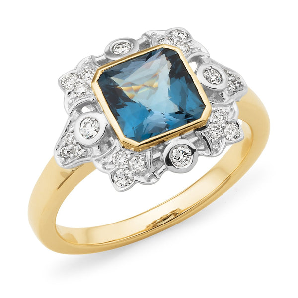 London Blue Topaz & Diamond Bezel-Bead Set Coloured Stone Dress Ring in 9ct Yellow & White Gold