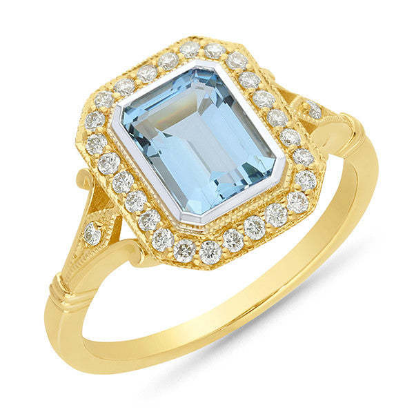 Aquamarine & Diamond Ring in 9ct Yellow-White Gold