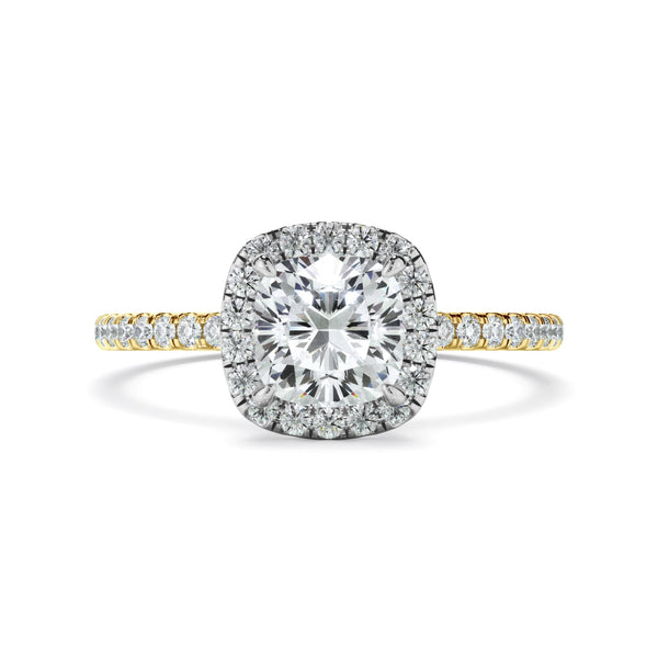 Cushion Cut Diamond Halo Engagement Ring With Pave Band
