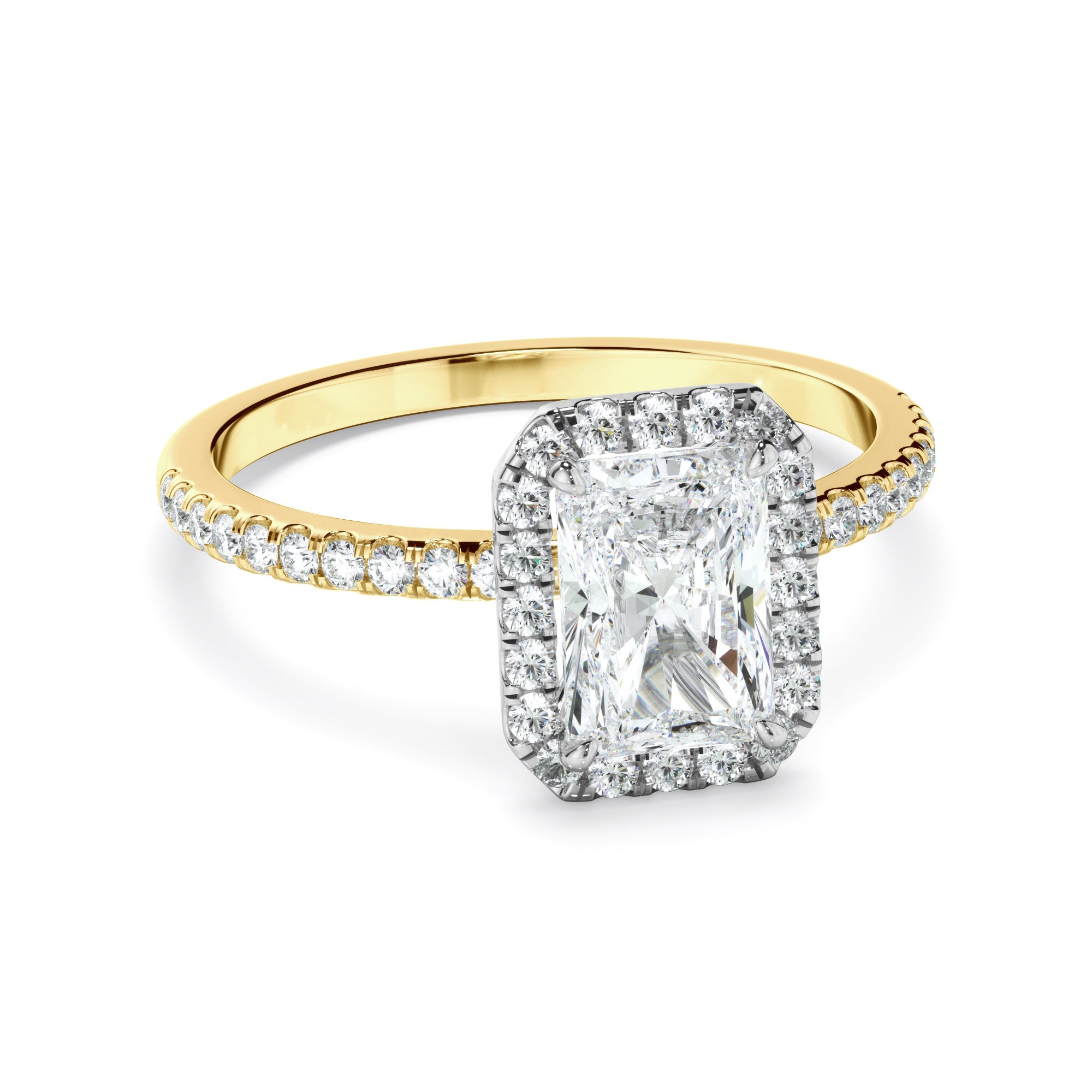 Radiant Cut Diamond Halo Engagement Ring With Pave Band