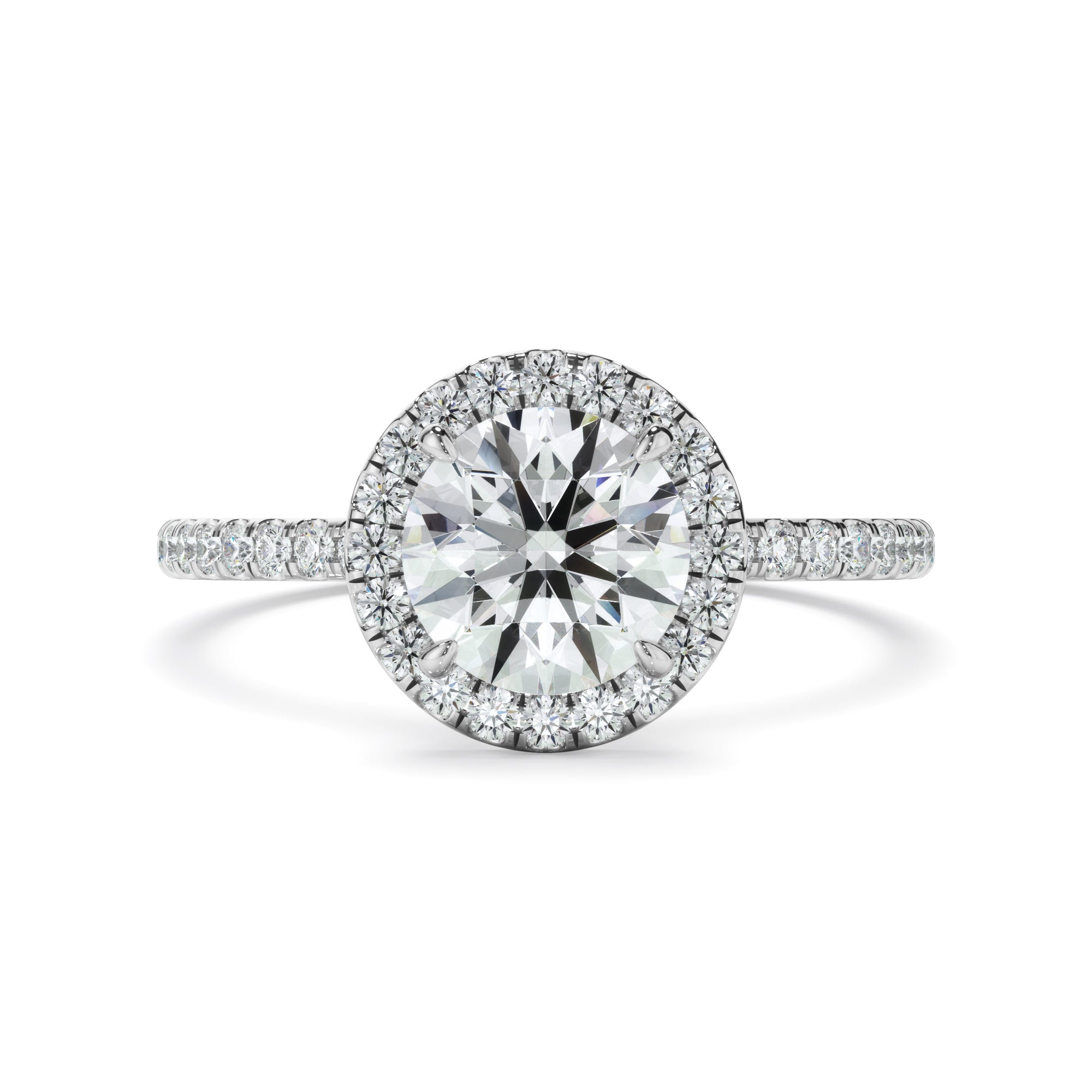 Round Brilliant Cut Diamond Halo Engagement Ring With Pave Band