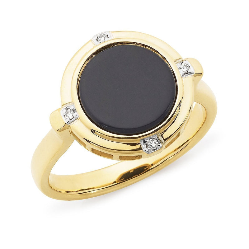 Onyx & Diamond Bezel-Bead Set Dress Ring in 9ct Yellow Gold