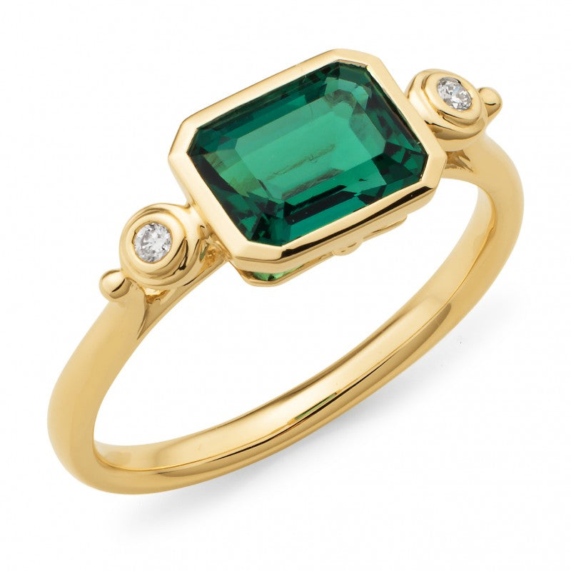 Created Emerald & Diamond Bezel Set Dress Ring in 9ct Yellow Gold