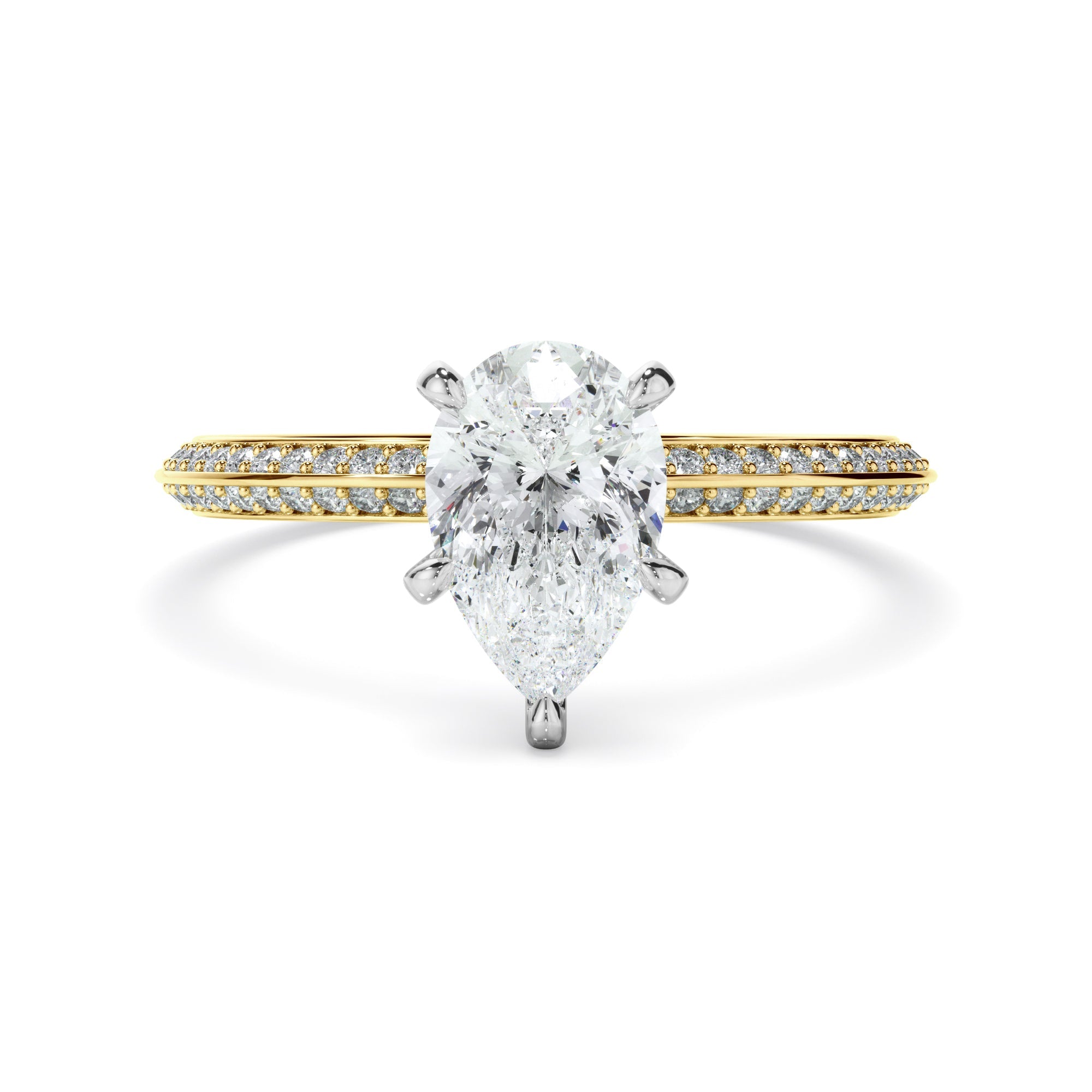 Pear Cut Diamond Knife Edge Engagement Ring With Diamond Pave Sides
