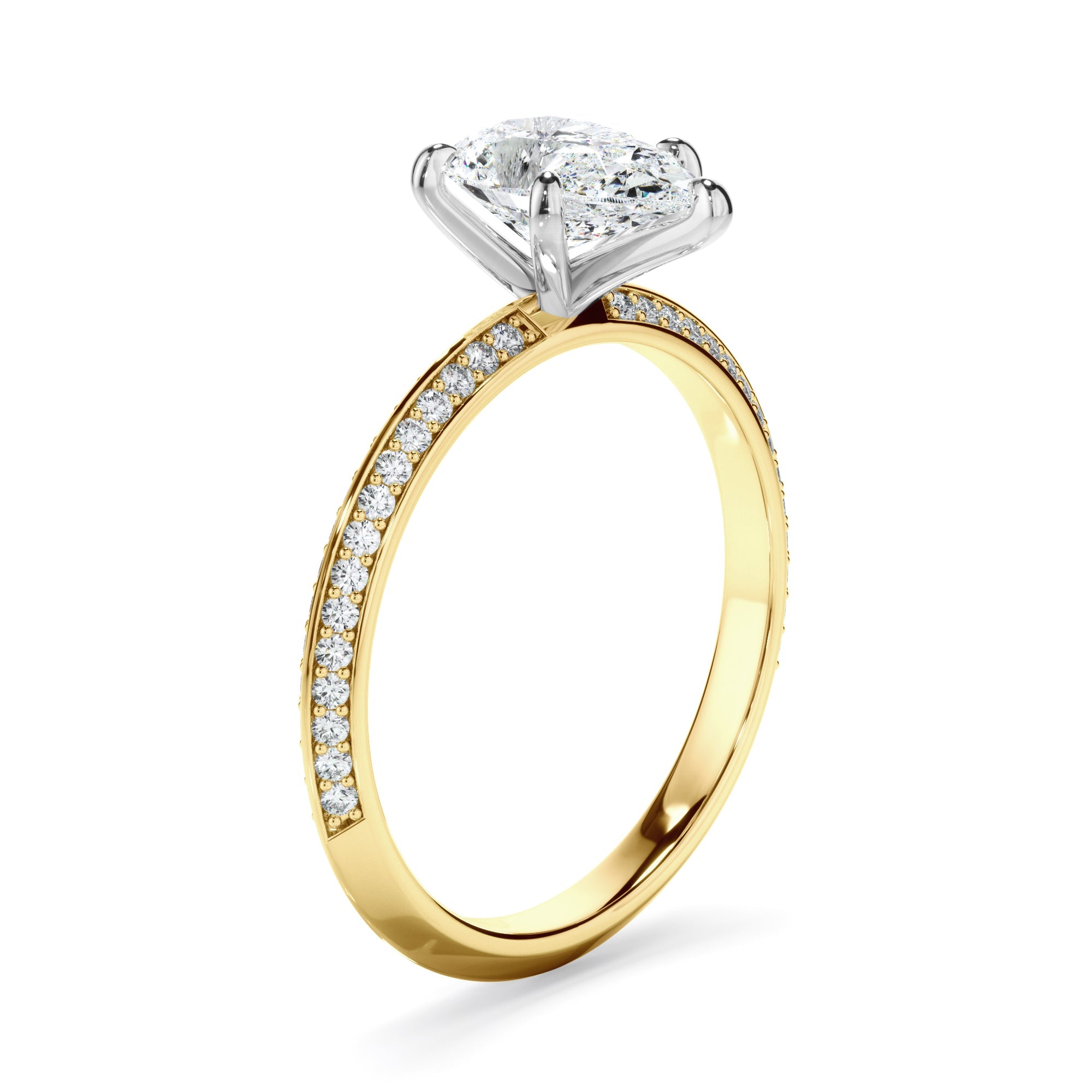 Pear Cut Diamond Knife Edge Engagement Ring With Diamond Pave Sides