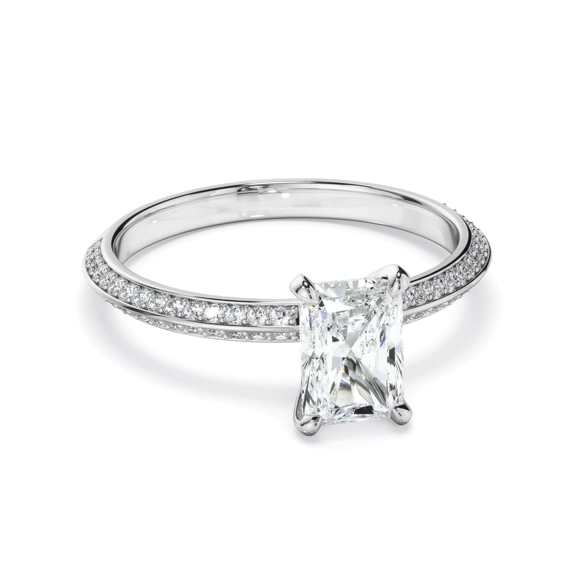 Radiant Cut Diamond Knife Edge Engagement Ring With Diamond Pave Sides