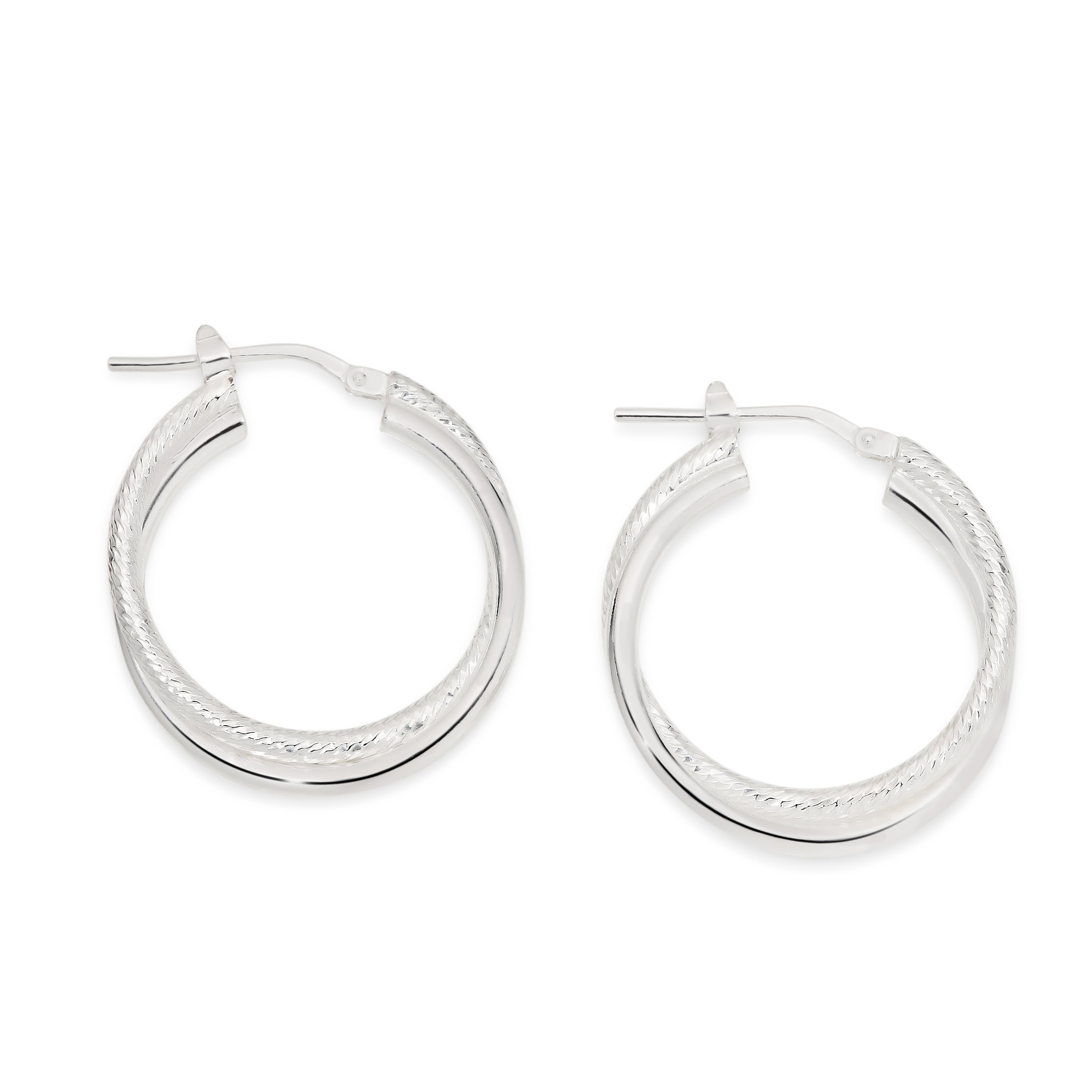 Silver double tube polished & textured hoops 20mm