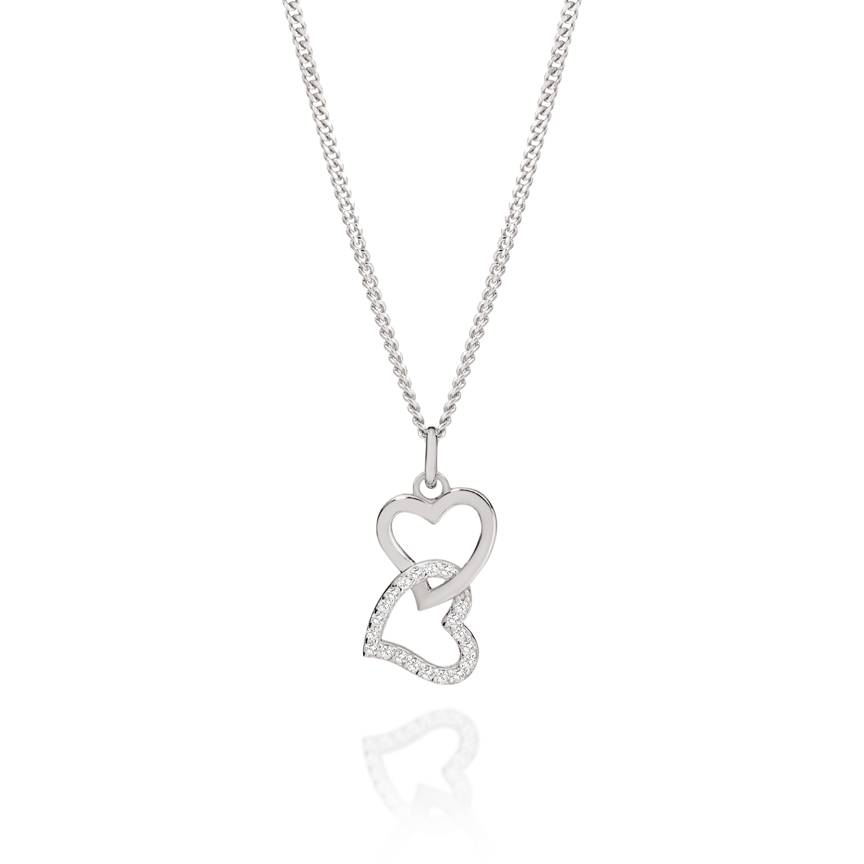 Silver stone set double heart pendant