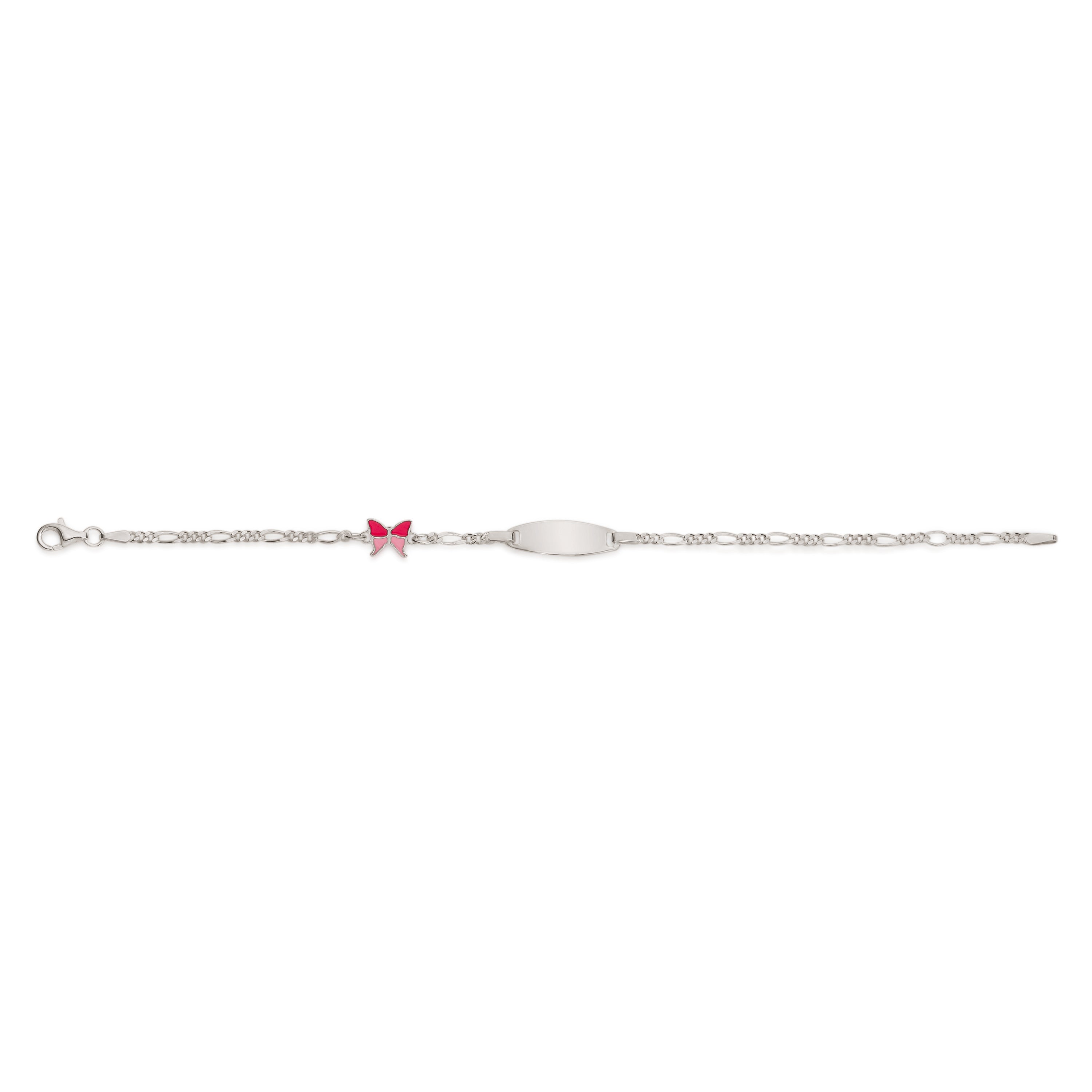Silver figaro engravable pink butterfly ID bracelet