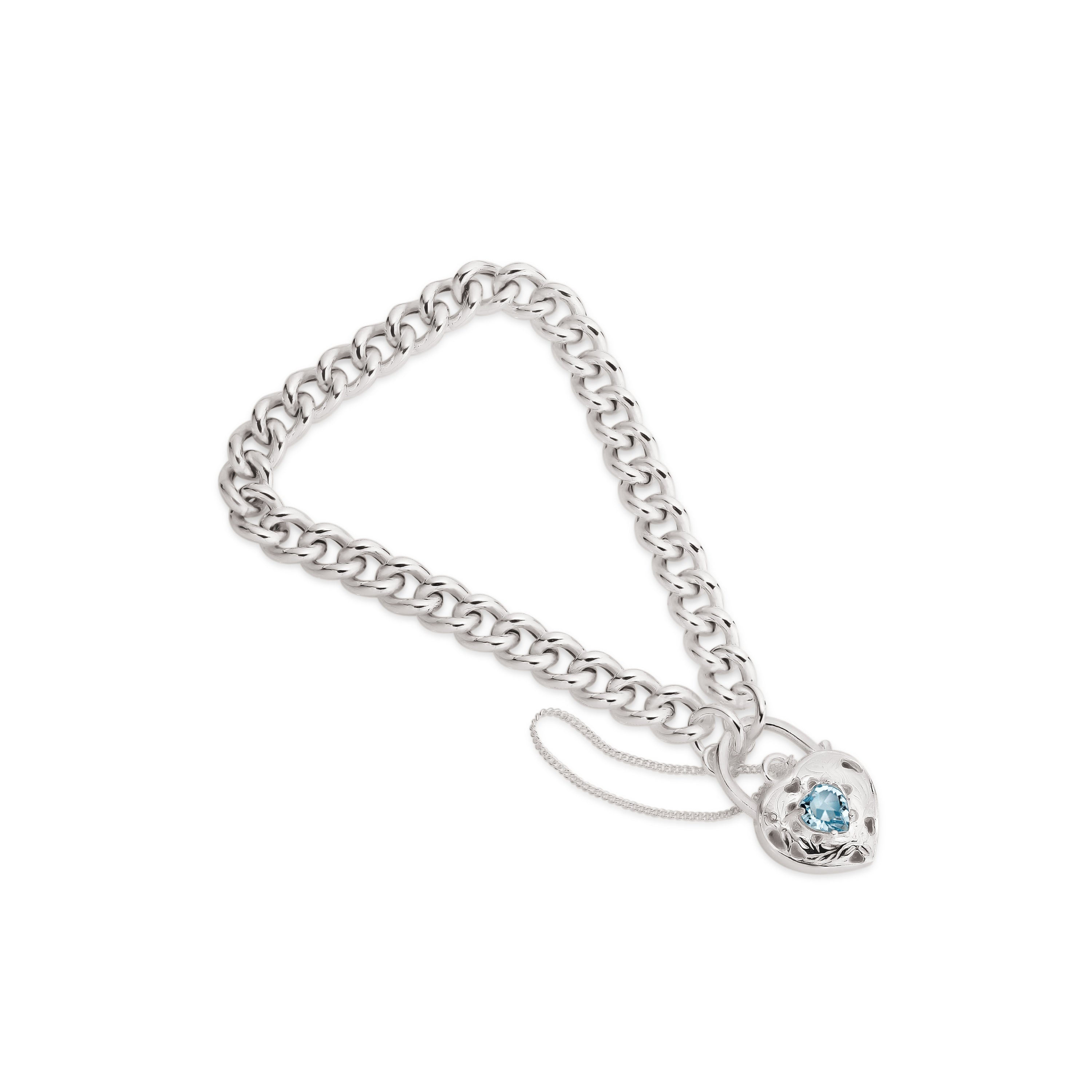 Silver curb blue stone padlock Bracelet