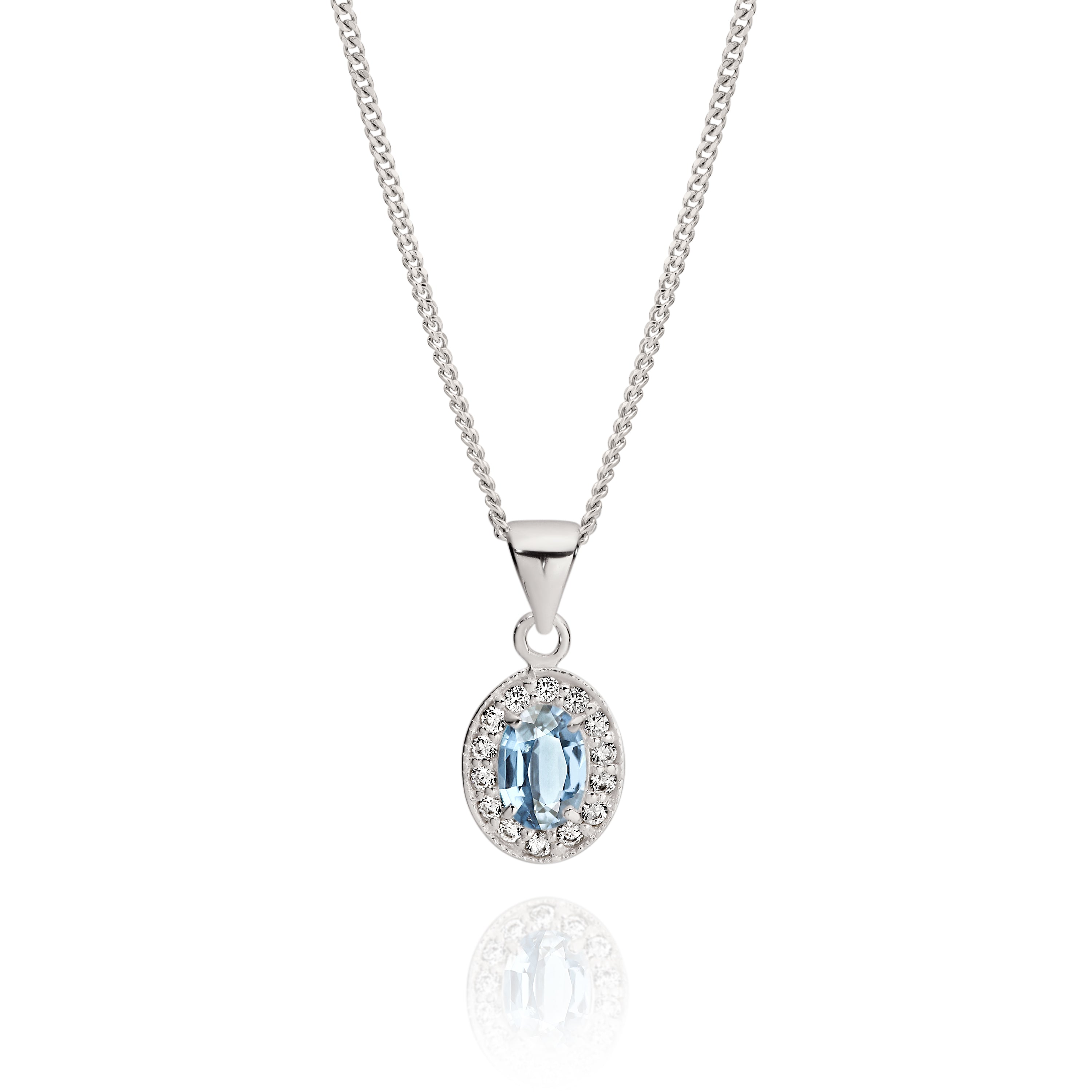 Silver light blue cubic zirconia oval halo pendant