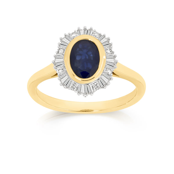 9ct oval blue sapphire and diamond ballerina halo ring