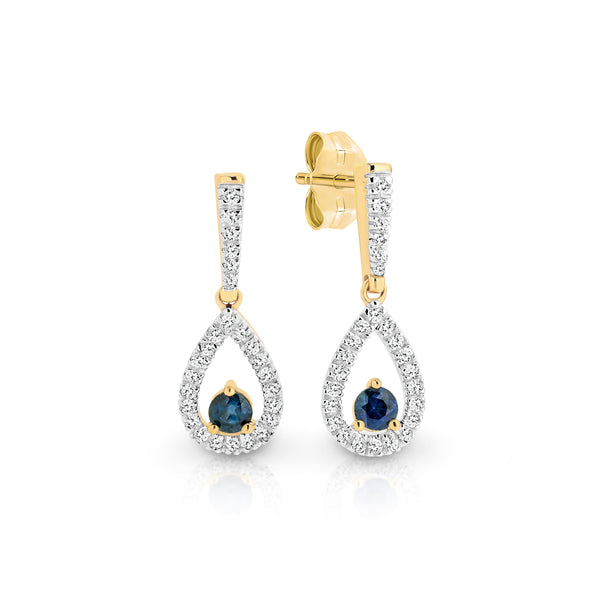 9ct blue sapphire & 0.18ct diamond teardrop studs