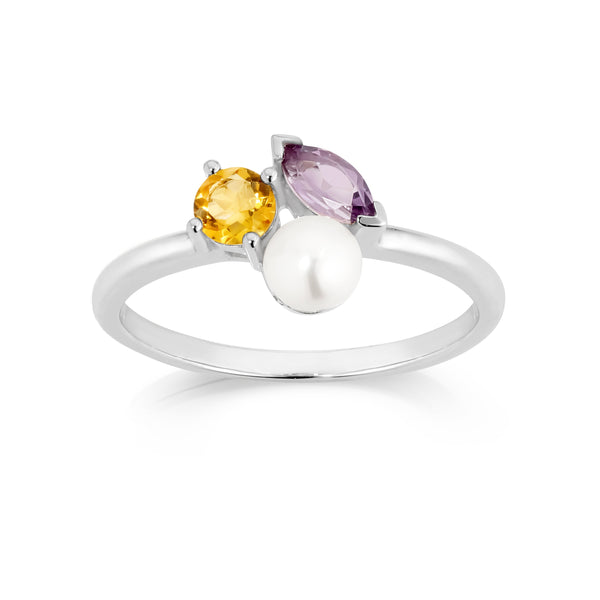 9ct white gold pearl, amethyst & citrine scatter ring