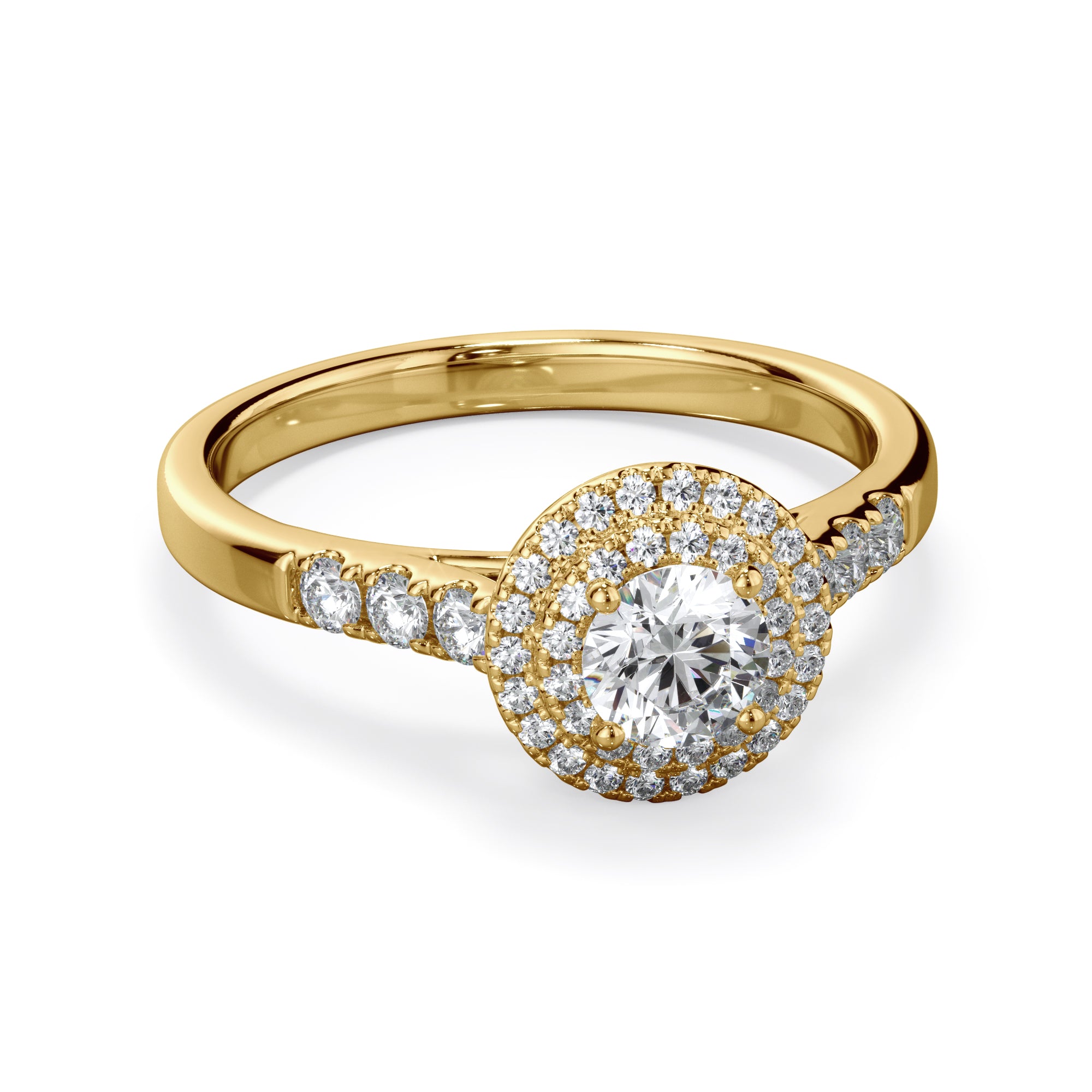 Dahlia 18k Yellow Gold 0.80ct Double Halo Round Brilliant LAB Grown Bloom Diamond Ring