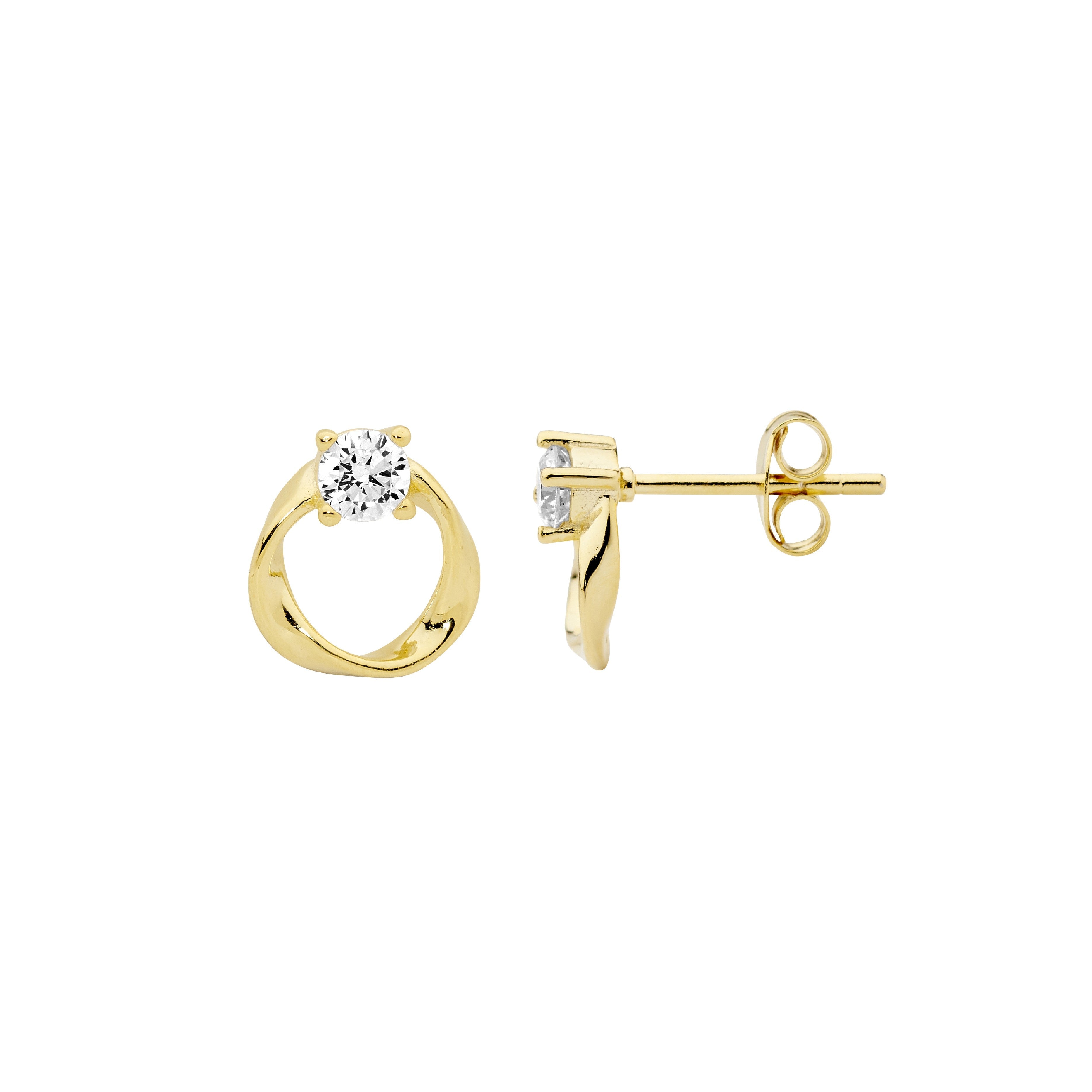 Sterling Silver 9mm Open Circle Twist Earrings With Cubic Zirconia & Gold Plating 