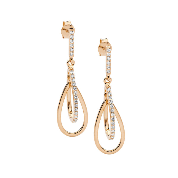 Sterling Silver Cubic Zirconia Double Open Tear Drop Earrings With Rose Gold Plating 