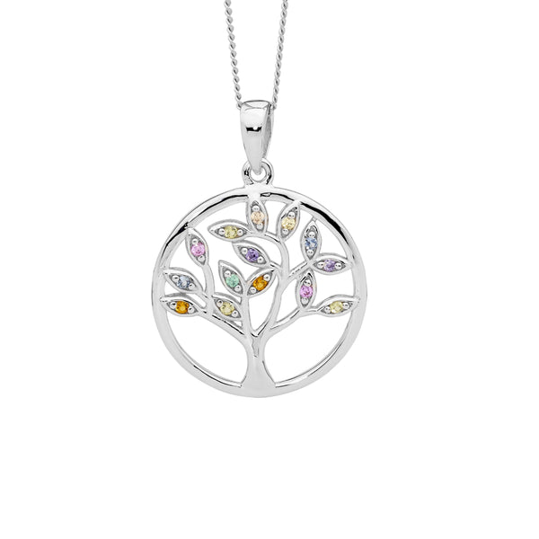 Sterling Silver Multi Colour Cubic Zirconia Tree Of Life Pendant 