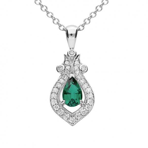 Created Emerald & Diamond Pendant 9ct White Gold
